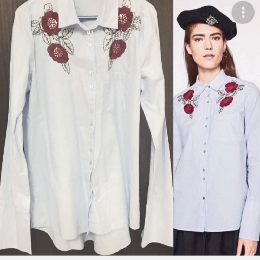 Zara long sleeve white button down blouse embroider size S